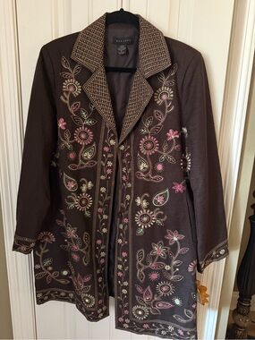 SilkLand Brown Embroidered Floral SILK Trench Coat